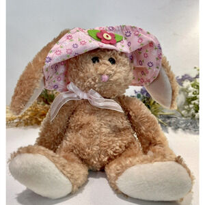 Ty Beanie Babies Sunbonnet Bunny ~ 2005 Tan with Pink Hat ~ Stuffed Animal Tags